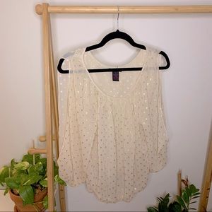 Sheer Cream and Gold Cold Shoulder Open Arm Bishop Sleeve Blouse, Size S